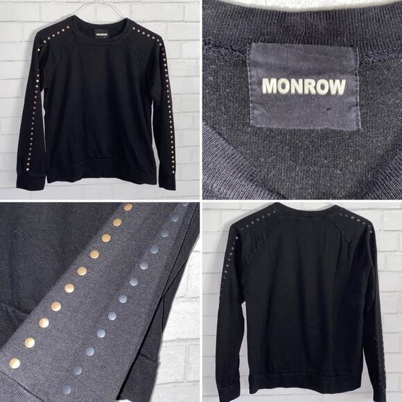 MONROW $134 Stud Sleeve Super Soft Black Sweatshirt MED EUC - Picture 1 of 9